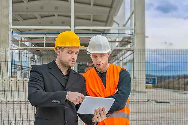 Supervisores en obra evaluando reportes técnicos para la administración y supervisión de obras civiles