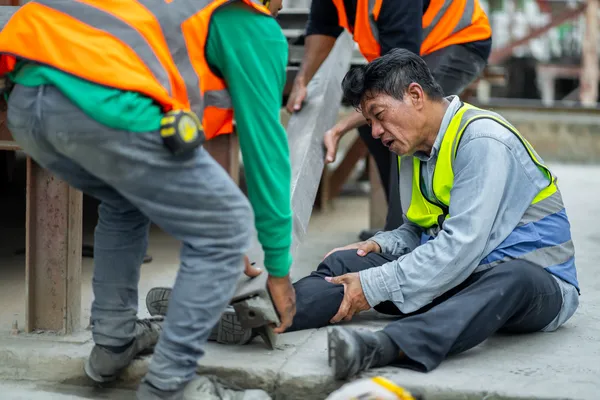 Trabajador de construcción herido mientras su s compañeros lo ayudan ejemplo de ¿Por qué la seguridad industrial es vital en una obra?