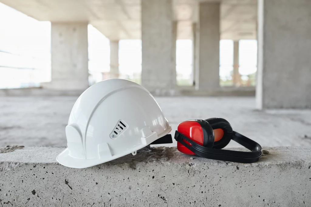 Casco de seguridad blanco y orejeras rojas como símbolo de seguridad industrial en el interior de una construcción gris