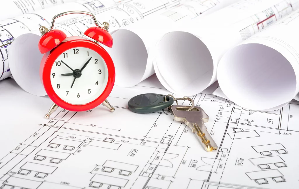 Un reloj y una llave sobre planos arquitectónicos. Representa el tiempo de entrega y la gestión de proyectos inmobiliarios