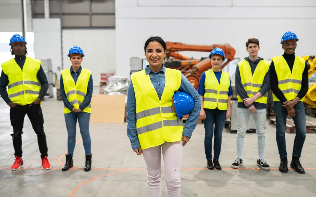 Grupo de ingenieros con cascos y chalecos posando en el interior de una fábrica, cumpliendo la seguridad industrial