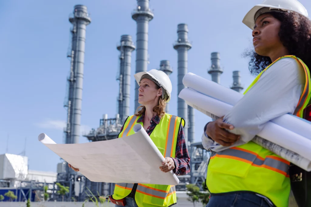 Dos ingenieras con EPP revisan planos frente a una planta industrial haciendo la auditoría de cumplimiento normativo STPS