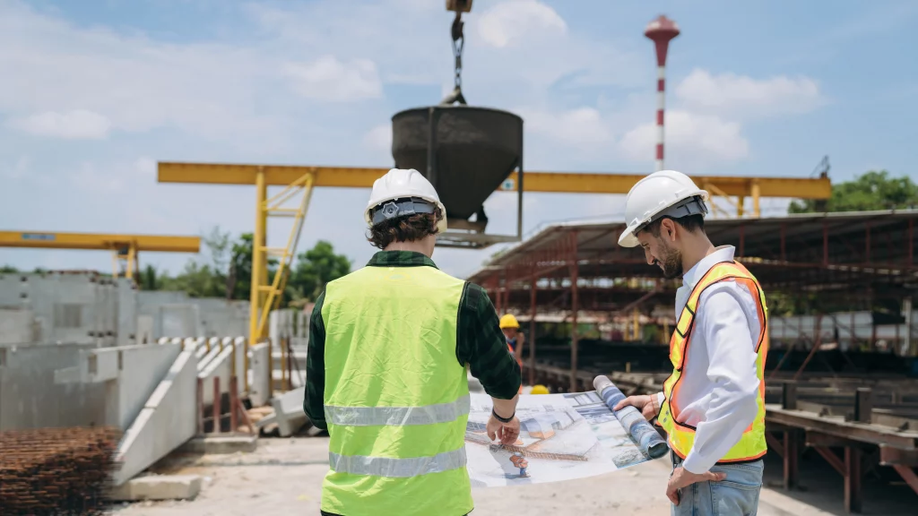 Ingenieros revisan planos en una obra con grúa en movimiento priorizando la seguridad industrial y prevención de riesgos