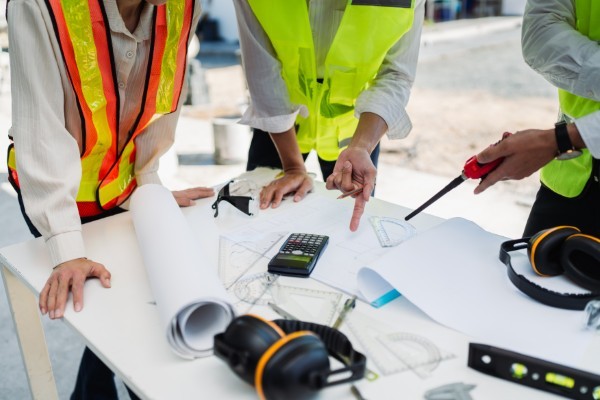 Ingenieros analizando planos y herramientas para el control de proyectos y obras de construcción.