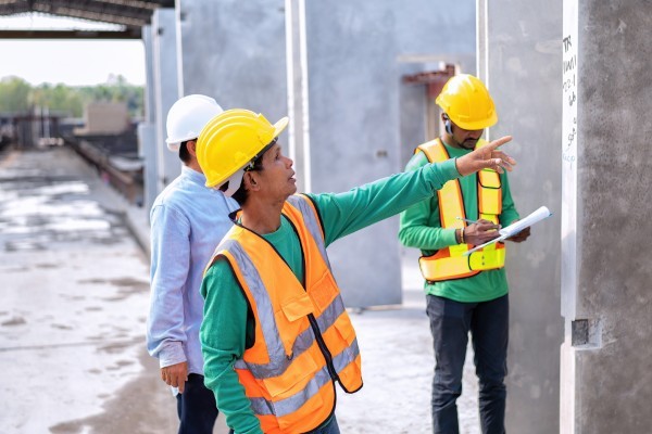Operarios inspeccionando muros de concreto en el control de proyectos y obras de construcción.
