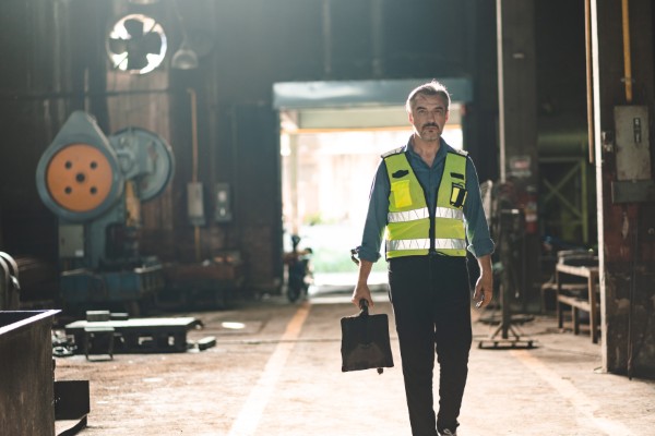 Trabajador con equipo reflectante en taller mecánico industrial ejemplo de seguridad industrial en la planta.